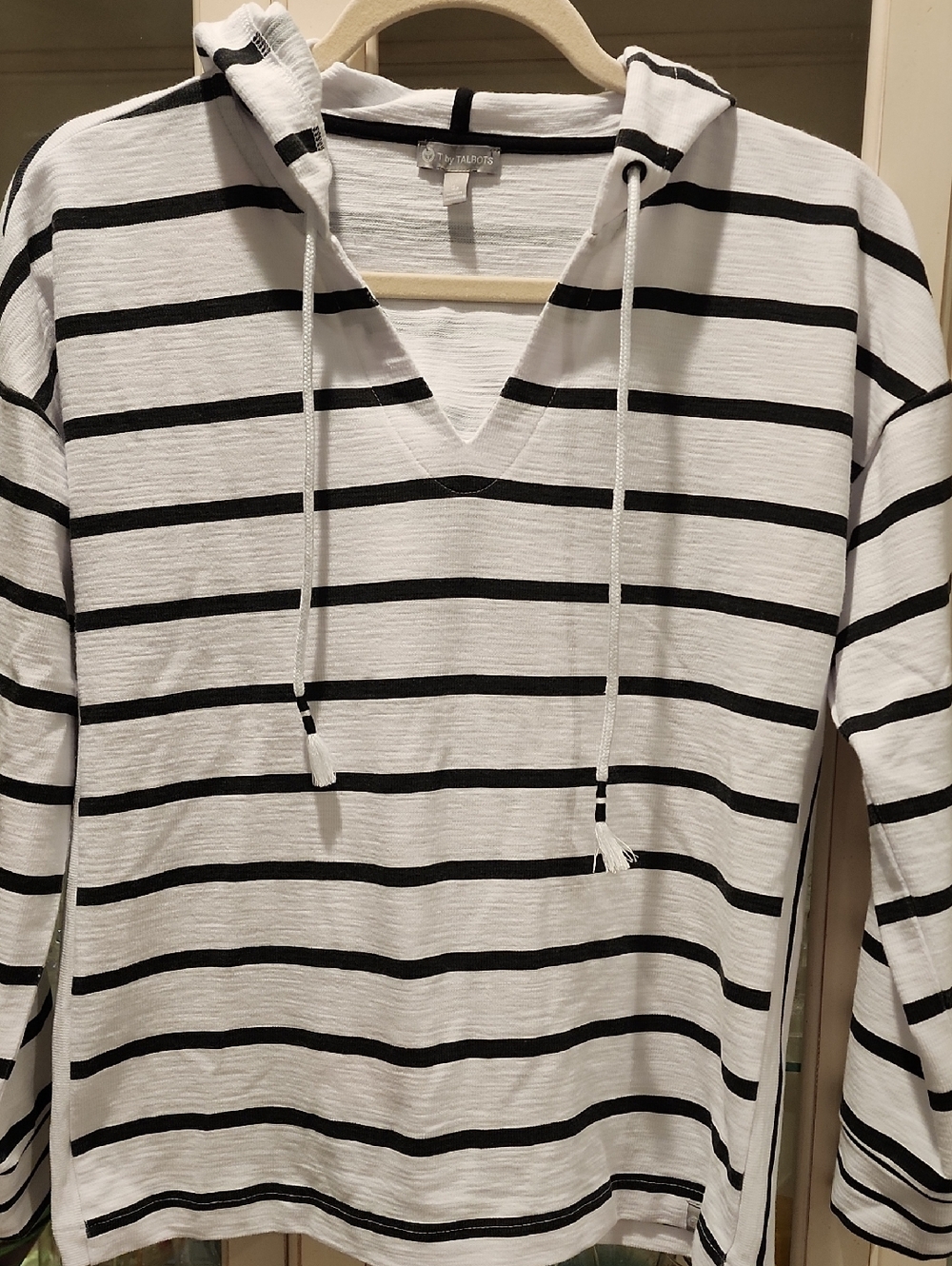 Talbots Black and White Striped Hooded Top